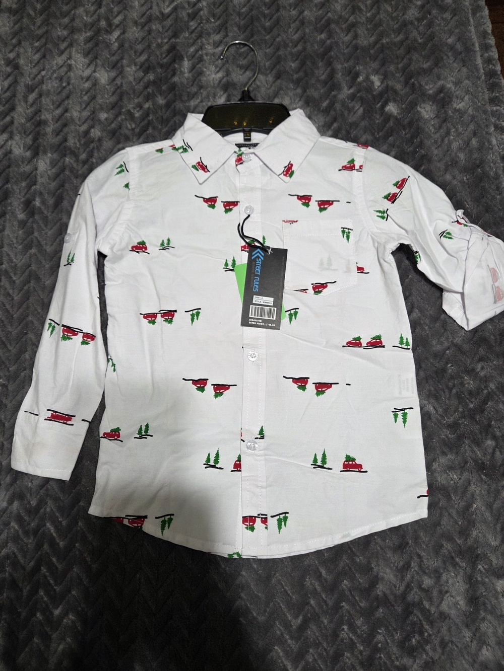 Button-Front White Holiday Kids Shirt with Red Truck & Green Tree Print